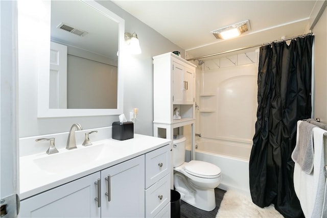 full bath featuring visible vents, shower / bathtub combination with curtain, toilet, and vanity