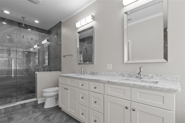 full bath with marble finish floor, double vanity, toilet, a sink, and a shower stall