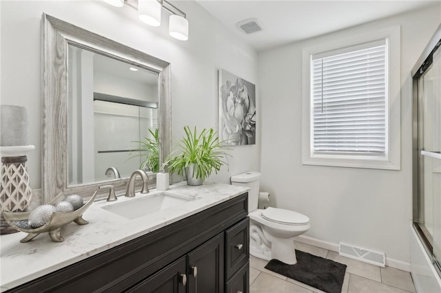 full bath featuring tile patterned flooring, a shower with door, and visible vents