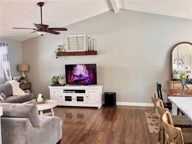 living room featuring dark wood-style flooring, vaulted ceiling with beams, baseboards, and ceiling fan