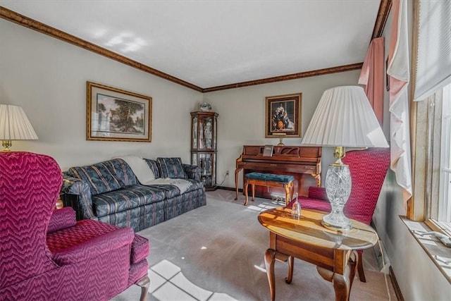 living area featuring ornamental molding, carpet, and baseboards