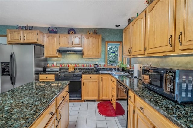 kitchen featuring dark stone countertops, a sink, under cabinet range hood, and black appliances