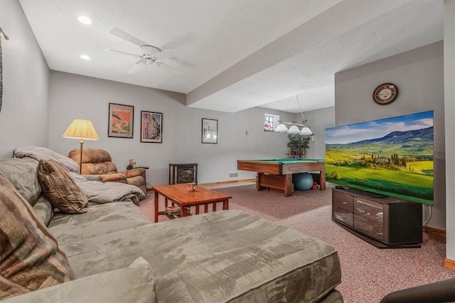 playroom featuring recessed lighting, carpet floors, billiards, a ceiling fan, and baseboards