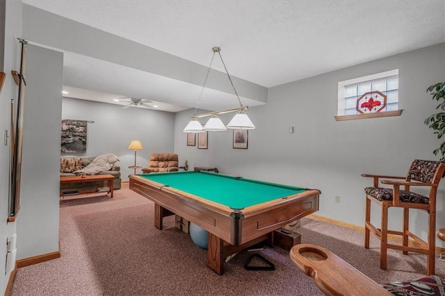 recreation room featuring carpet floors, baseboards, a ceiling fan, and pool table