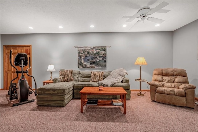 living room featuring ceiling fan, baseboards, carpet flooring, and recessed lighting