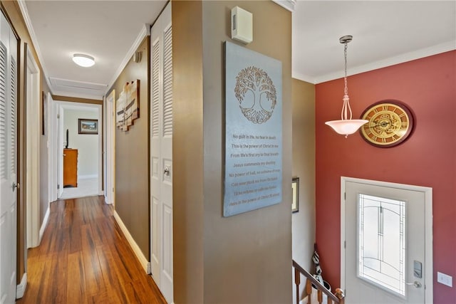 corridor with ornamental molding and dark wood-style flooring