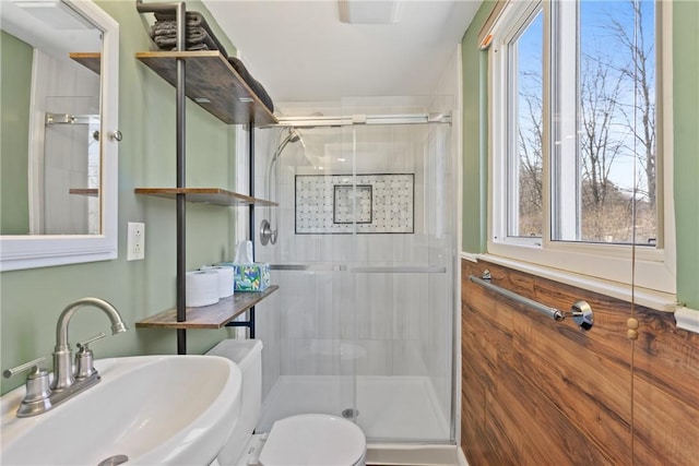 full bathroom with a stall shower, plenty of natural light, and a sink