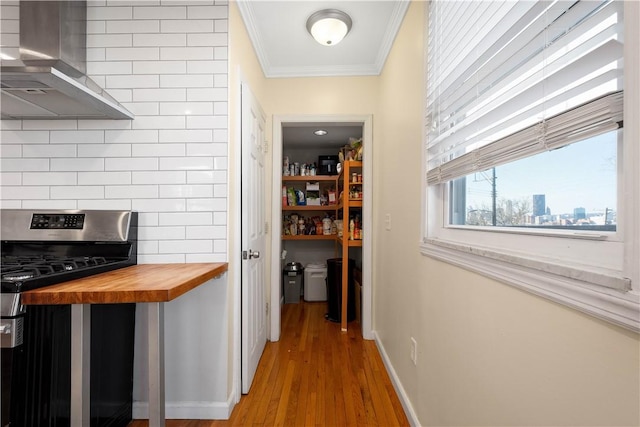 hallway featuring baseboards, crown molding, and wood finished floors