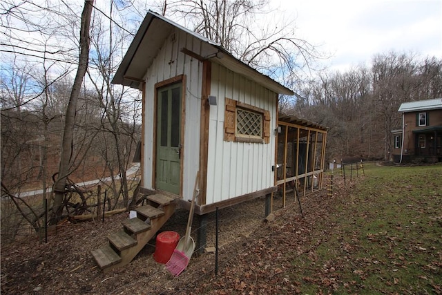 view of poultry coop with entry steps