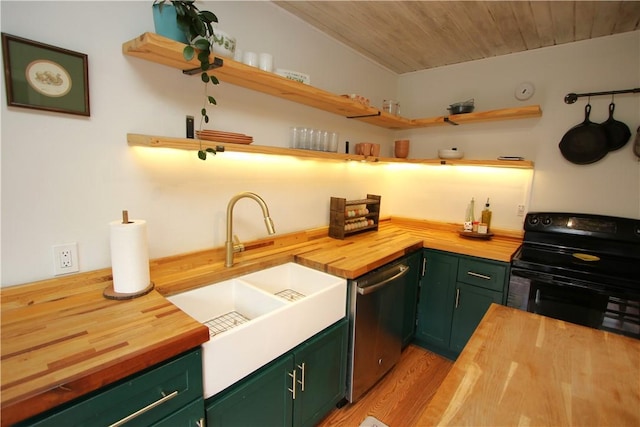 kitchen featuring black range with electric cooktop, green cabinetry, wooden counters, and stainless steel dishwasher