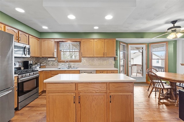 kitchen featuring light wood-type flooring, plenty of natural light, appliances with stainless steel finishes, and a sink