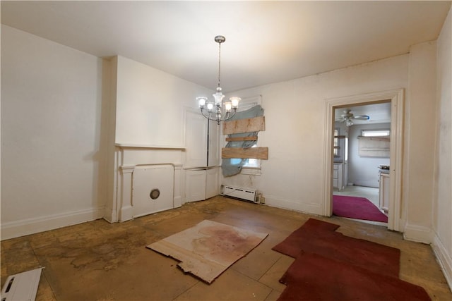 unfurnished dining area with baseboards, baseboard heating, and a notable chandelier