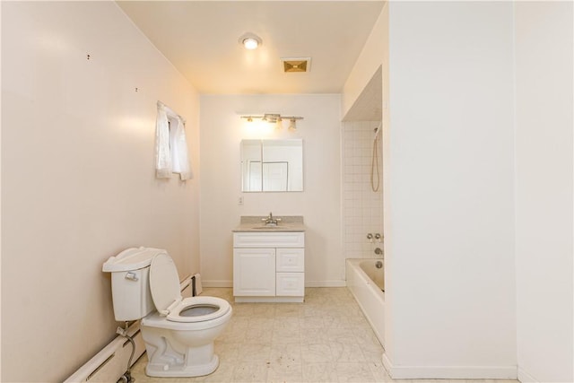 full bath featuring a baseboard radiator, visible vents, shower / bathing tub combination, toilet, and vanity