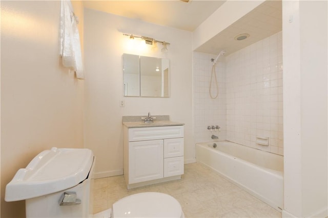 full bath with toilet, vanity, baseboards, and shower / bathing tub combination