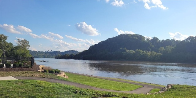 property view of water with a wooded view