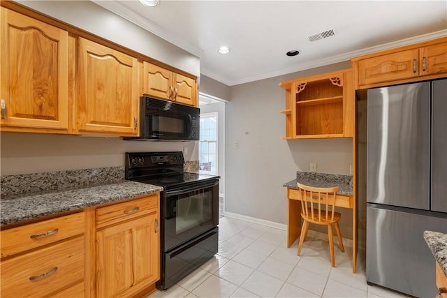 kitchen with light stone counters, visible vents, black appliances, and crown molding