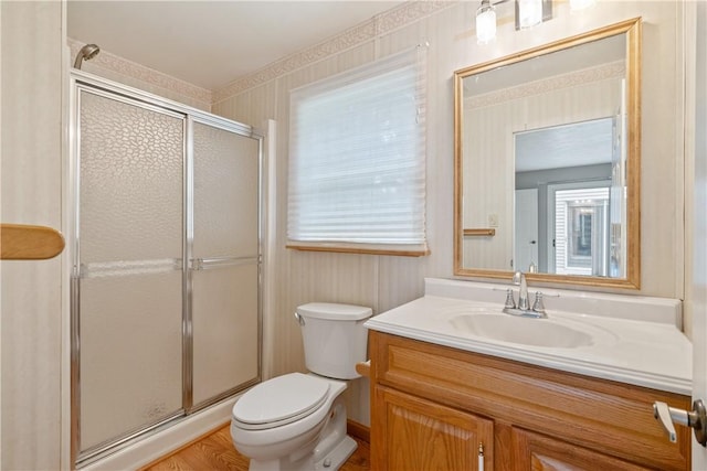 full bathroom with vanity, toilet, and a stall shower