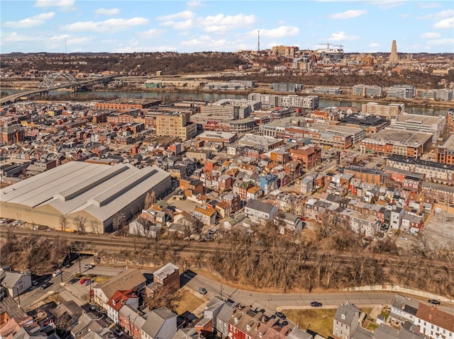 bird's eye view featuring a view of city and a water view