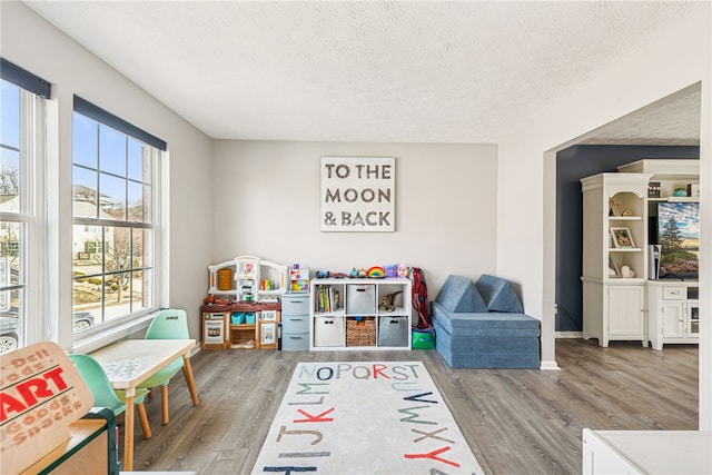 game room featuring a textured ceiling, baseboards, and wood finished floors