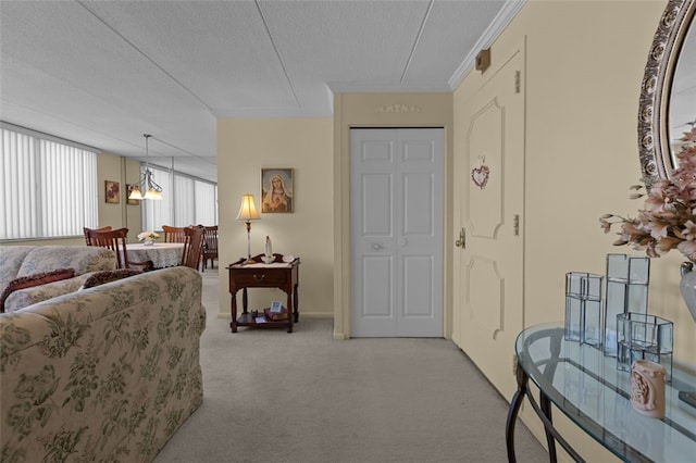 living room featuring light colored carpet and a textured ceiling