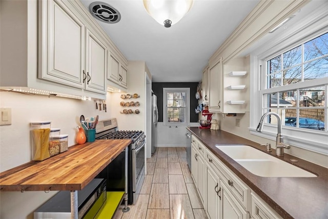 kitchen with stainless steel appliances, butcher block counters, a sink, baseboards, and wood tiled floor