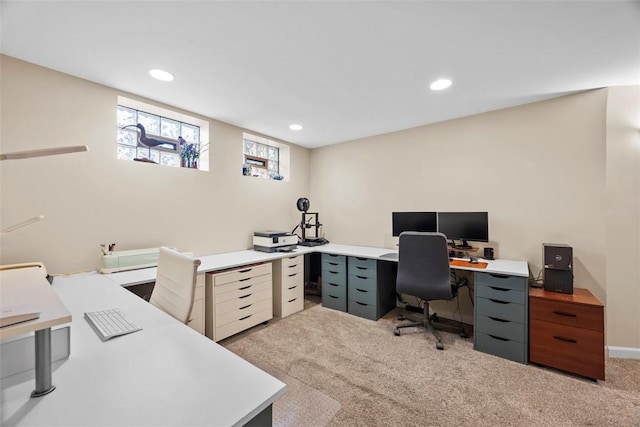 office space featuring light carpet and recessed lighting