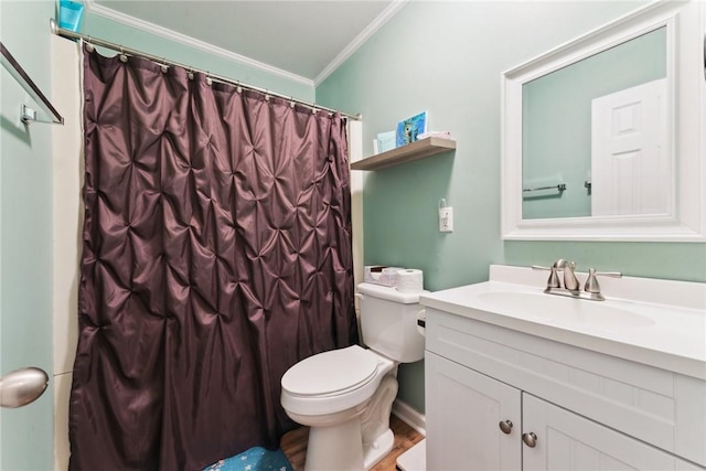 full bath with a shower with shower curtain, toilet, ornamental molding, wood finished floors, and vanity