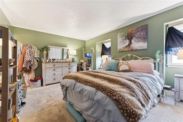 bedroom featuring light carpet