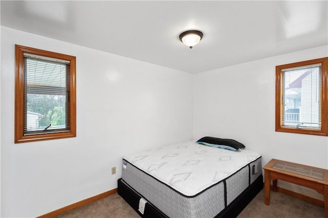 bedroom featuring carpet floors, multiple windows, and baseboards