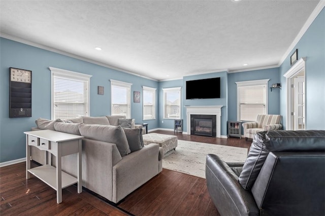 living room featuring dark wood-style floors, plenty of natural light, baseboards, and a glass covered fireplace