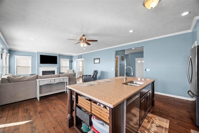 kitchen featuring stainless steel appliances, a fireplace, a sink, and dark wood-style floors