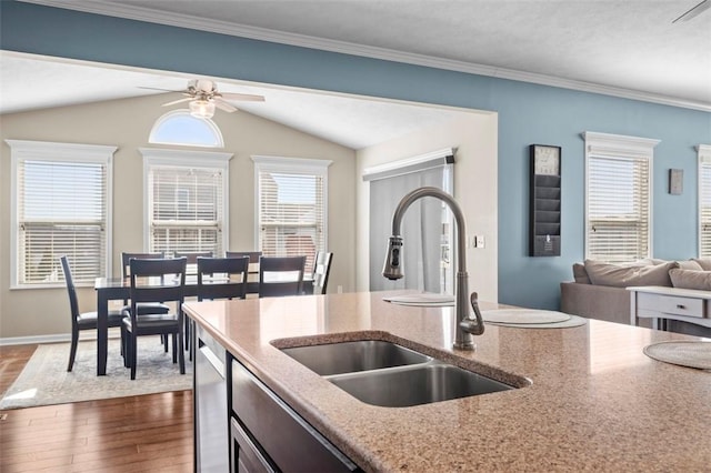 kitchen featuring dark wood-style floors, crown molding, vaulted ceiling, a sink, and light stone countertops