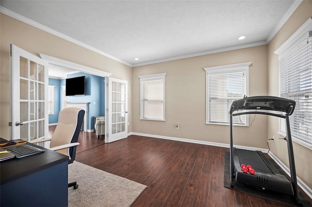 office with ornamental molding, baseboards, dark wood finished floors, and french doors