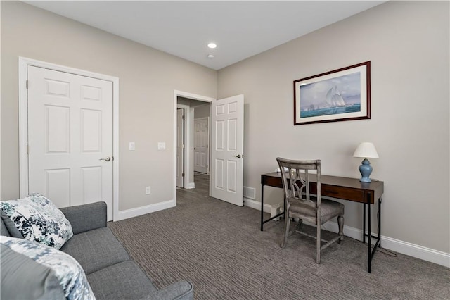 carpeted home office featuring recessed lighting and baseboards