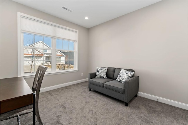 office space with carpet, visible vents, baseboards, and recessed lighting