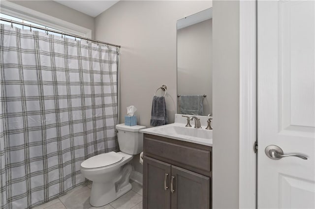 full bath with toilet, a shower with curtain, vanity, and tile patterned floors