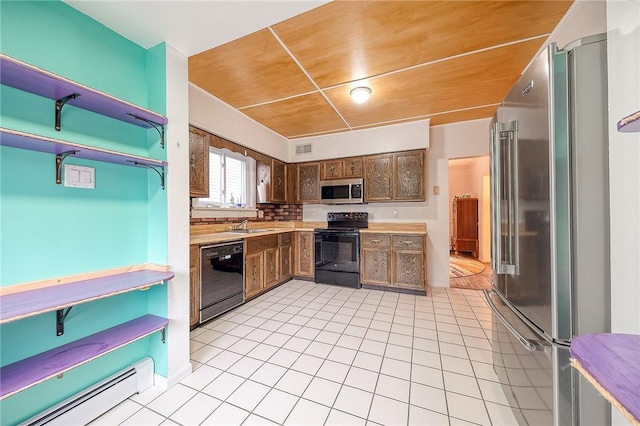 kitchen featuring light tile patterned floors, a baseboard radiator, light countertops, wood ceiling, and black appliances