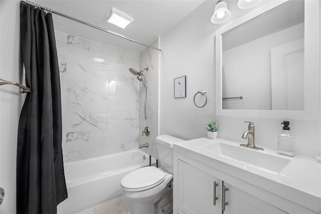 bathroom with marble finish floor, vanity, toilet, and shower / bathtub combination with curtain