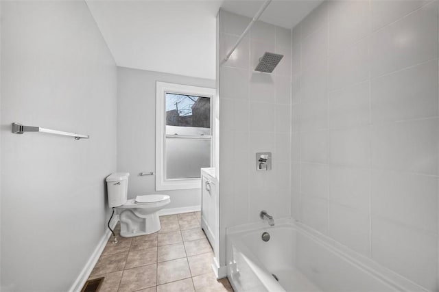 full bathroom with bathtub / shower combination, toilet, visible vents, baseboards, and tile patterned floors