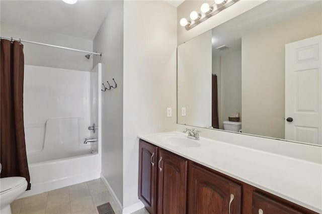 bathroom featuring tile patterned flooring, toilet, visible vents, vanity, and shower / bathtub combination with curtain