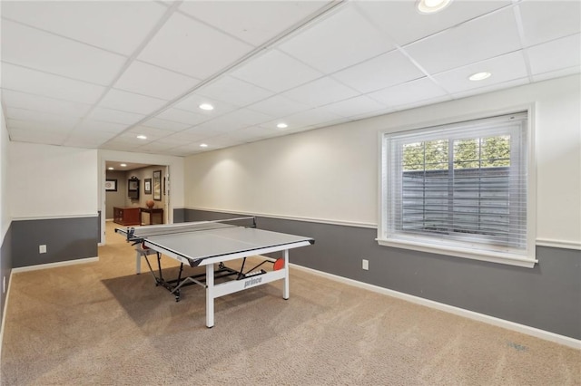 recreation room with carpet floors, recessed lighting, a paneled ceiling, and baseboards