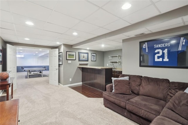 carpeted living room with baseboards, recessed lighting, billiards, and wet bar