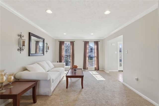 living room with recessed lighting, light carpet, crown molding, and baseboards