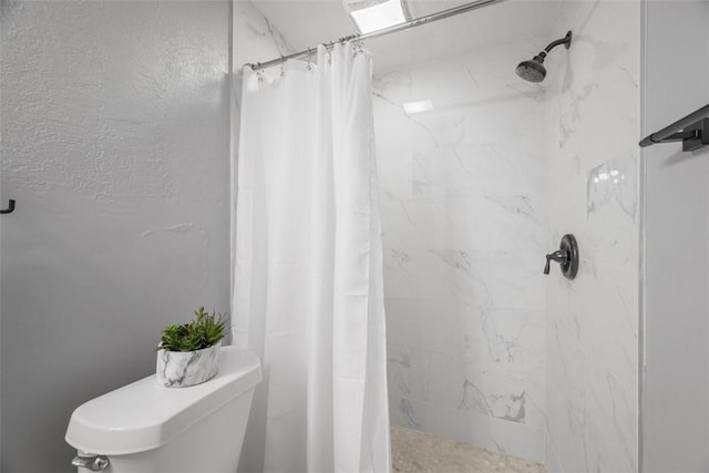 full bathroom featuring a stall shower and toilet