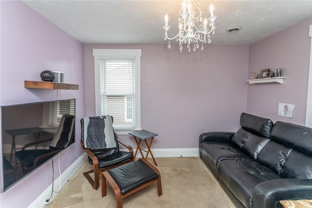 carpeted living area with a chandelier, visible vents, a textured ceiling, and baseboards