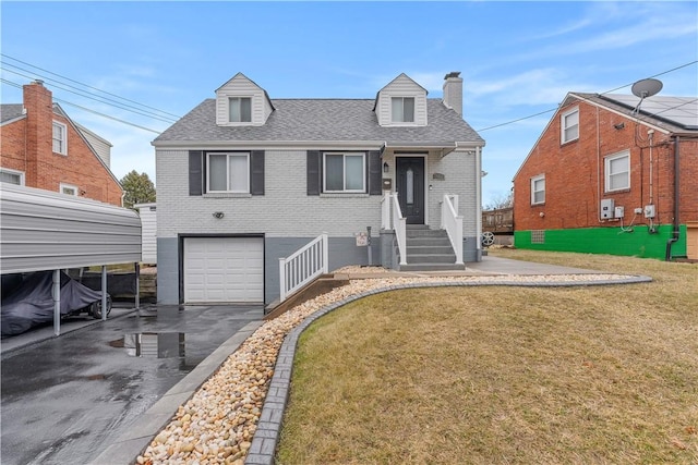 cape cod house with driveway, roof with shingles, a front yard, and brick siding