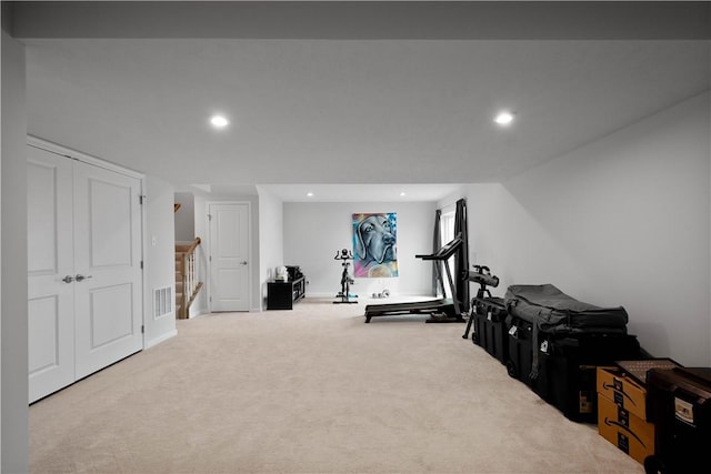 exercise room with visible vents, carpet flooring, and recessed lighting