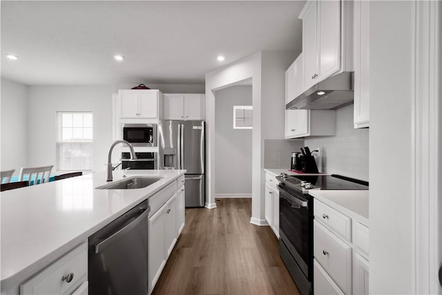 kitchen with light countertops, decorative backsplash, appliances with stainless steel finishes, a sink, and under cabinet range hood