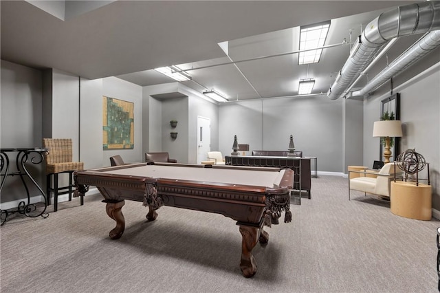 recreation room featuring carpet floors, billiards, and baseboards