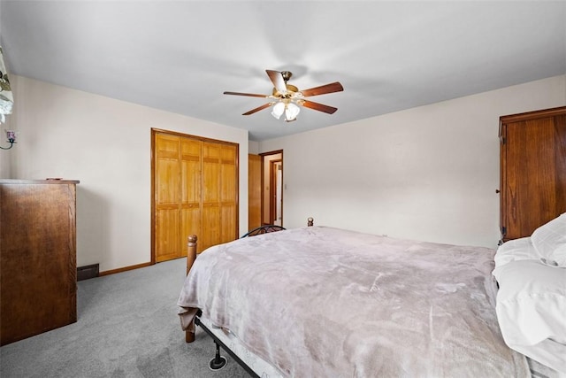 bedroom featuring carpet flooring, a ceiling fan, and baseboards